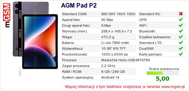 Dane telefonu AGM Pad P2