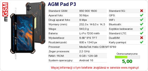 Dane telefonu AGM Pad P3 Dane telefonu AGM Pad P3