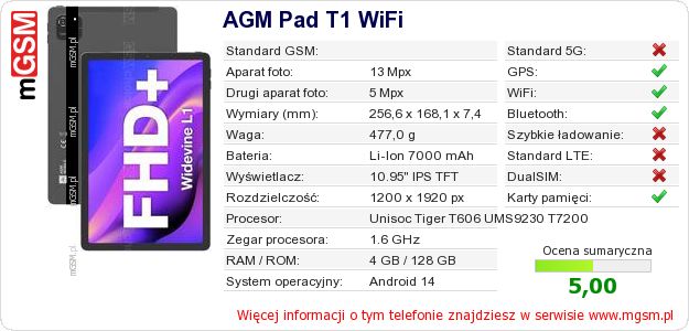 Dane telefonu AGM Pad T1 WiFi Dane telefonu AGM Pad T1 WiFi