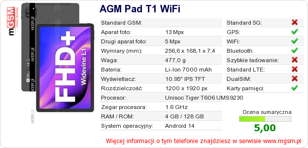 Dane telefonu AGM Pad T1 WiFi