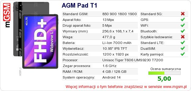 Dane telefonu AGM Pad T1 Dane telefonu AGM Pad T1