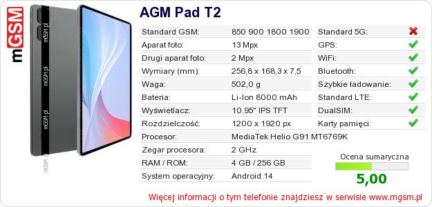 Dane telefonu AGM Pad T2