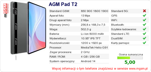 Dane telefonu AGM Pad T2
