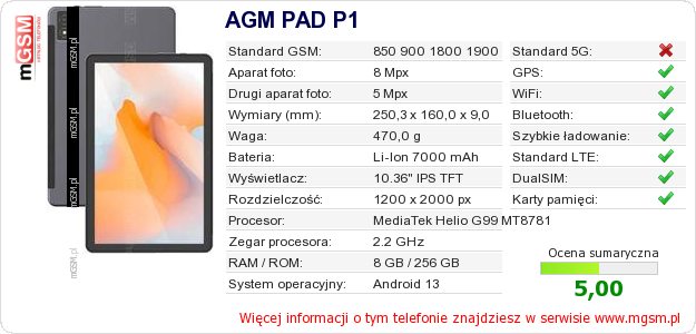 Dane telefonu AGM PAD P1