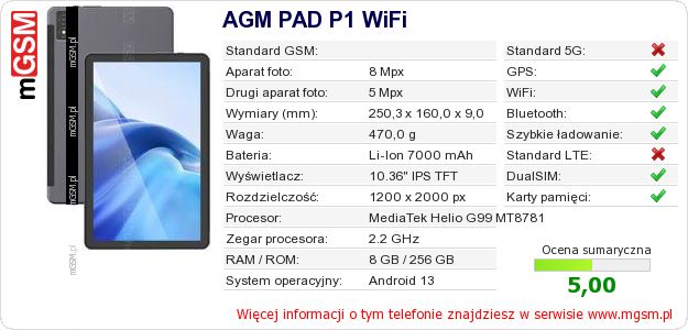 Dane telefonu AGM PAD P1 WiFi