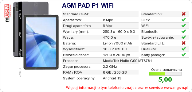 Dane telefonu AGM PAD P1 WiFi