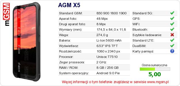 Dane telefonu AGM X5 Dane telefonu AGM X5