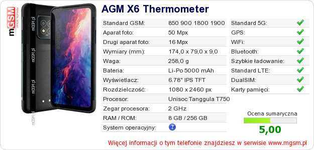 Dane telefonu AGM X6 Thermometer