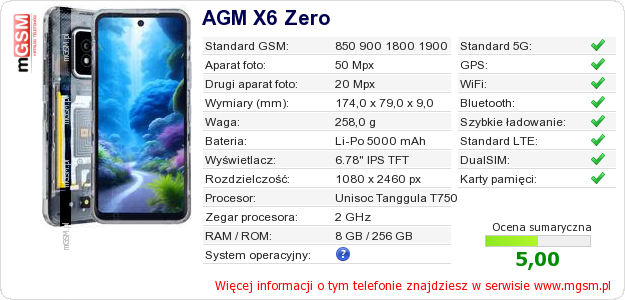 Dane telefonu AGM X6 Zero