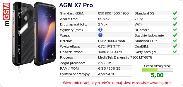 Dane telefonu AGM X7 Pro Dane telefonu AGM X7 Pro