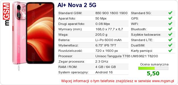Dane telefonu AI+ Nova 2 5G Dane telefonu AI+ Nova 2 5G