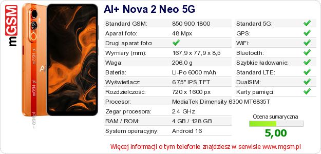 Dane telefonu AI+ Nova 2 Neo 5G Dane telefonu AI+ Nova 2 Neo 5G