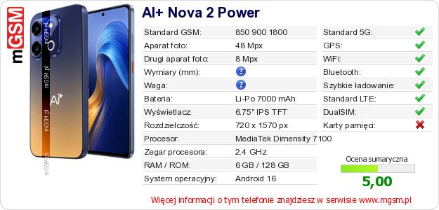 Dane telefonu AI+ Nova 2 Power