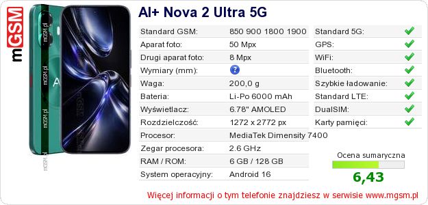 Dane telefonu AI+ Nova 2 Ultra 5G