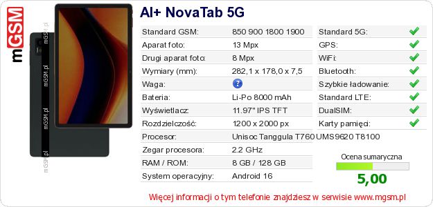 Dane telefonu AI+ NovaTab 5G Dane telefonu AI+ NovaTab 5G