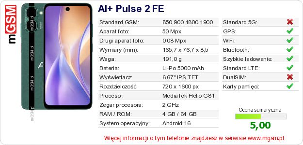 Dane telefonu AI+ Pulse 2 FE Dane telefonu AI+ Pulse 2 FE