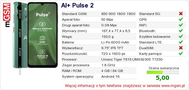 Dane telefonu AI+ Pulse 2 Dane telefonu AI+ Pulse 2