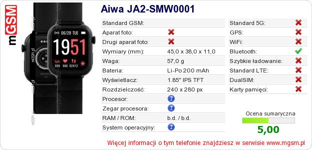 Dane telefonu Aiwa JA2-SMW0001