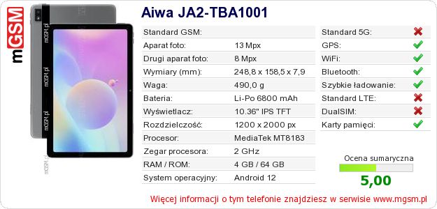 Dane telefonu Aiwa JA2-TBA1001