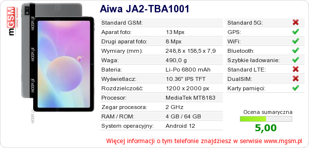 Dane telefonu Aiwa JA2-TBA1001