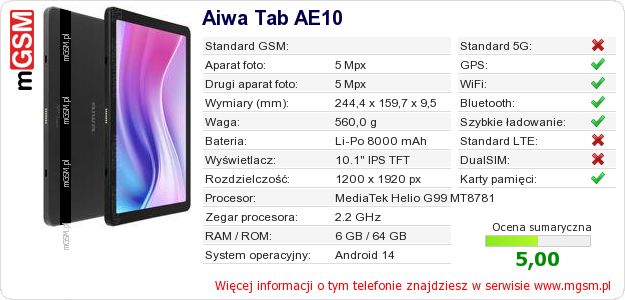 Dane telefonu Aiwa Tab AE10