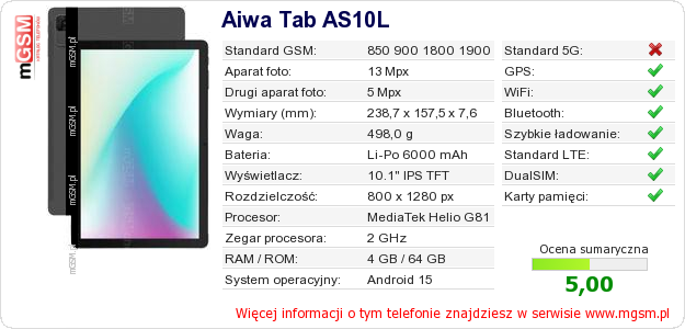 Dane telefonu Aiwa Tab AS10L Dane telefonu Aiwa Tab AS10L