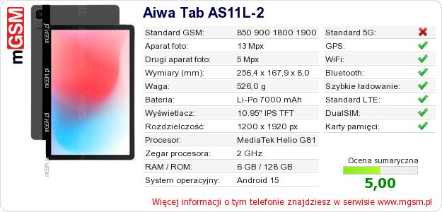 Dane telefonu Aiwa Tab AS11L-2