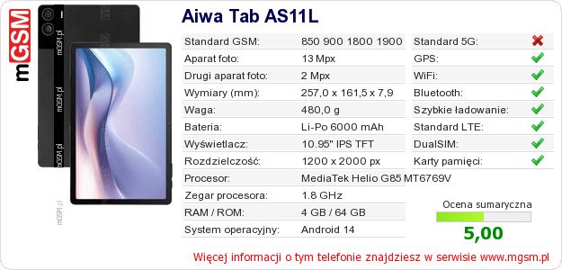 Dane telefonu Aiwa Tab AS11L Dane telefonu Aiwa Tab AS11L