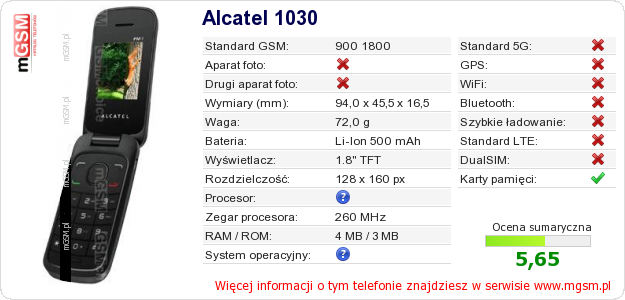Dane telefonu Alcatel 1030