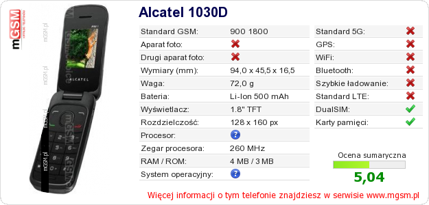 Dane telefonu Alcatel 1030D Dane telefonu Alcatel 1030D