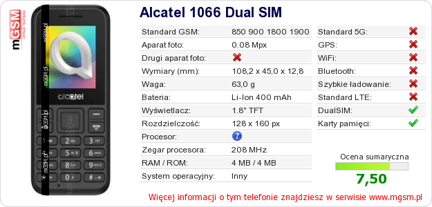 Dane telefonu Alcatel 1066 Dual SIM Dane telefonu Alcatel 1066 Dual SIM