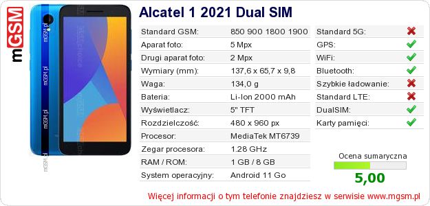Dane telefonu Alcatel 1 2021 Dual SIM Dane telefonu Alcatel 1 2021 Dual SIM