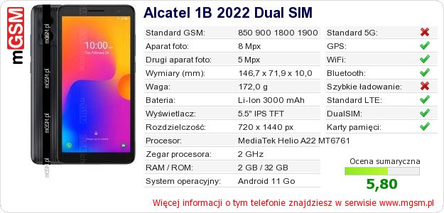 Dane telefonu Alcatel 1B 2022 Dual SIM Dane telefonu Alcatel 1B 2022 Dual SIM