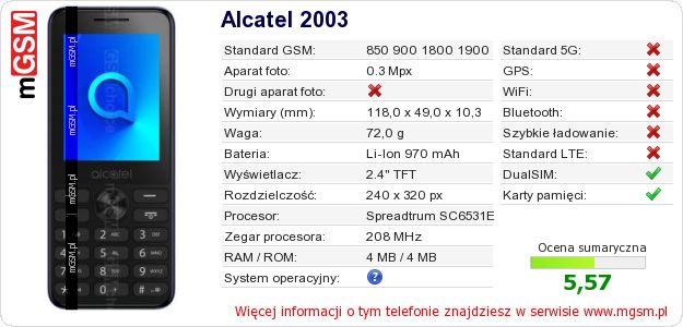 Dane telefonu Alcatel 2003