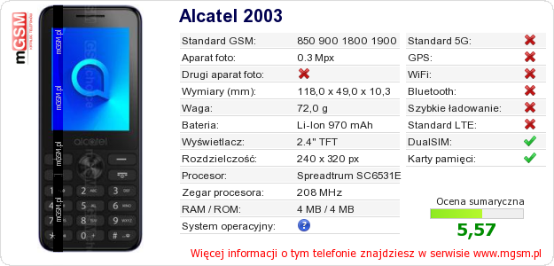 Dane telefonu Alcatel 2003 Dane telefonu Alcatel 2003