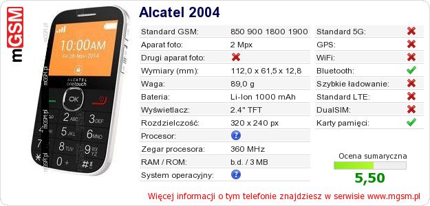 Dane telefonu Alcatel 2004 Dane telefonu Alcatel 2004
