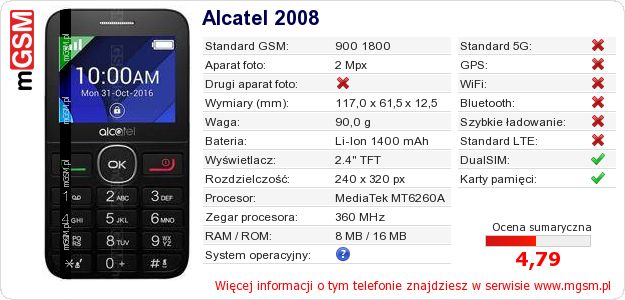 Dane telefonu Alcatel 2008