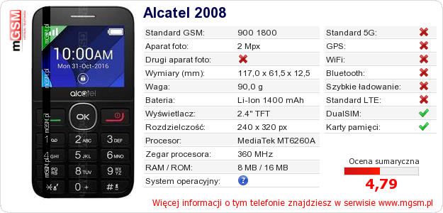 Dane telefonu Alcatel 2008 Dane telefonu Alcatel 2008
