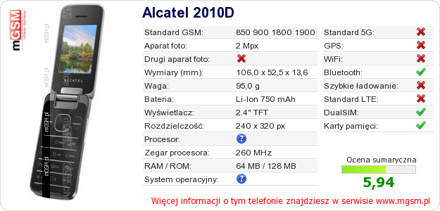 Dane telefonu Alcatel 2010D Dane telefonu Alcatel 2010D