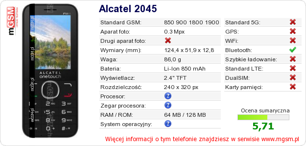 Dane telefonu Alcatel 2045