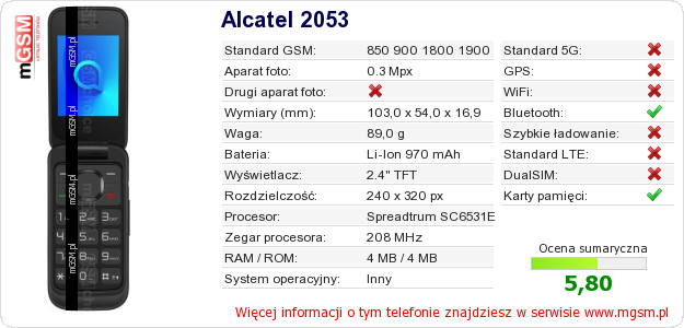 Dane telefonu Alcatel 2053