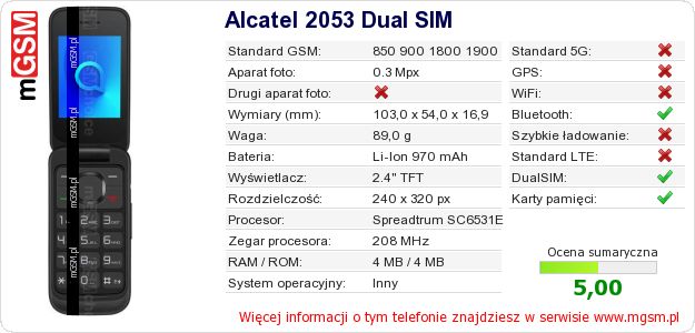 Dane telefonu Alcatel 2053 Dual SIM