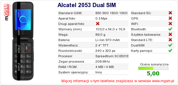 Dane telefonu Alcatel 2053 Dual SIM