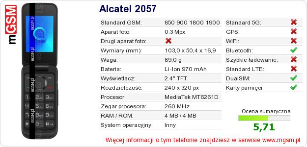 Dane telefonu Alcatel 2057