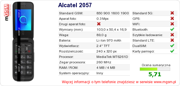Dane telefonu Alcatel 2057 Dane telefonu Alcatel 2057