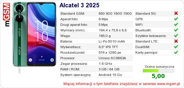 Dane telefonu Alcatel 3 2025