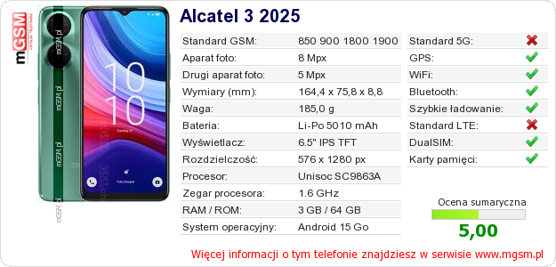 Dane telefonu Alcatel 3 2025