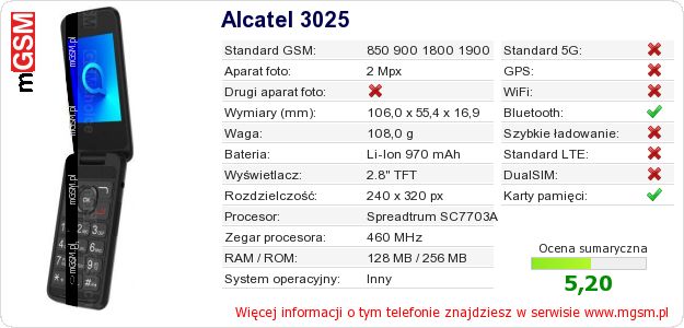 Dane telefonu Alcatel 3025
