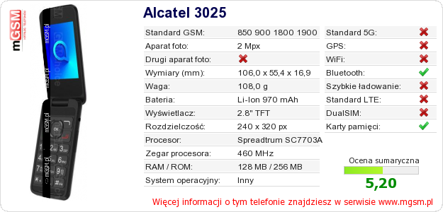 Dane telefonu Alcatel 3025 Dane telefonu Alcatel 3025