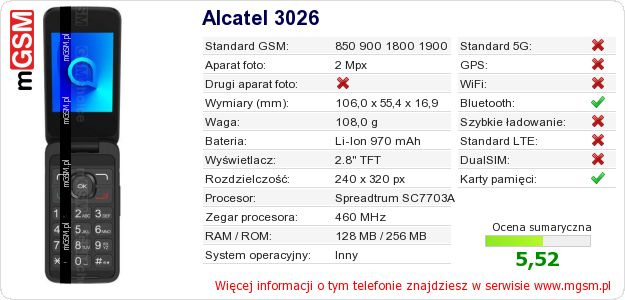 Dane telefonu Alcatel 3026 Dane telefonu Alcatel 3026